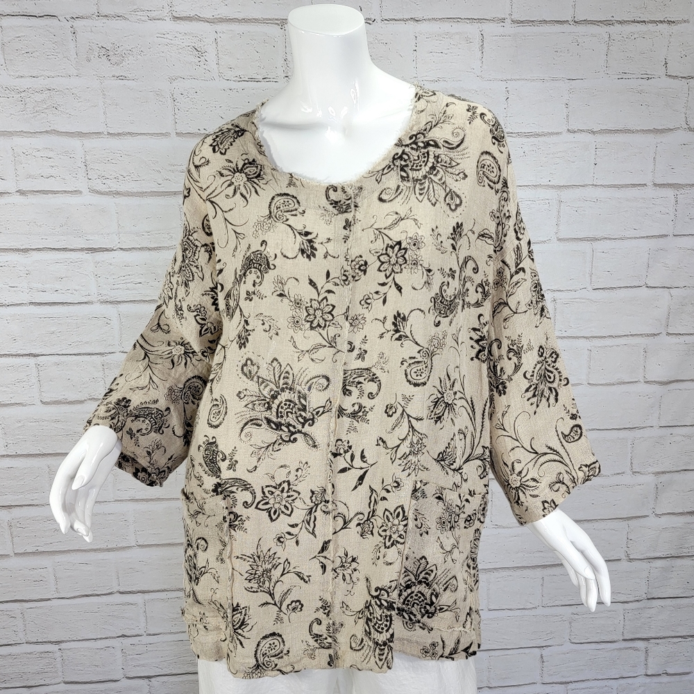 Womens Match Point Blk/Tan Print Linen Top Size:L